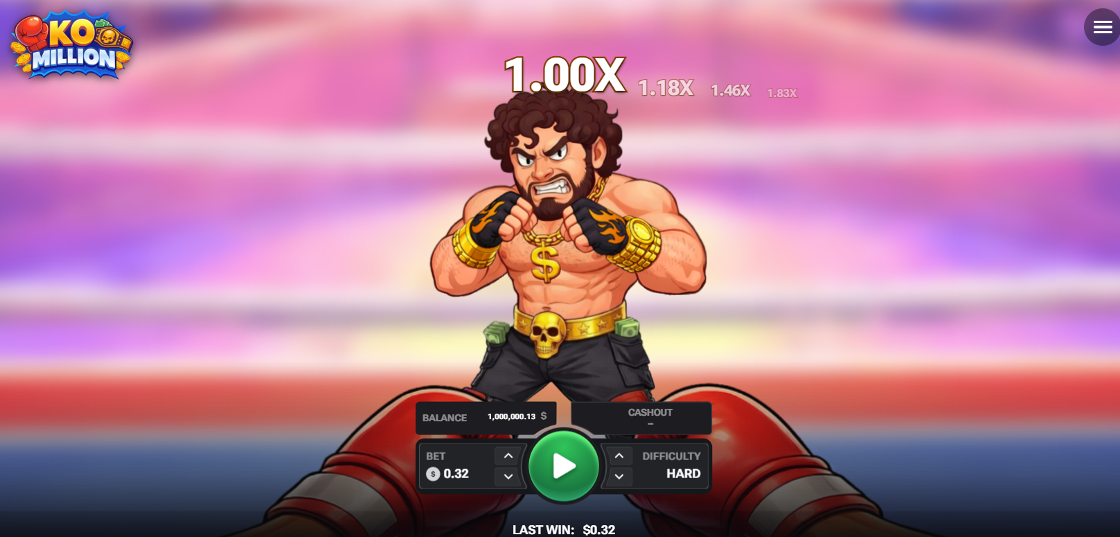 شاشة لعبة KO Million مع الملاكم والمضاعف فوق الحلبة