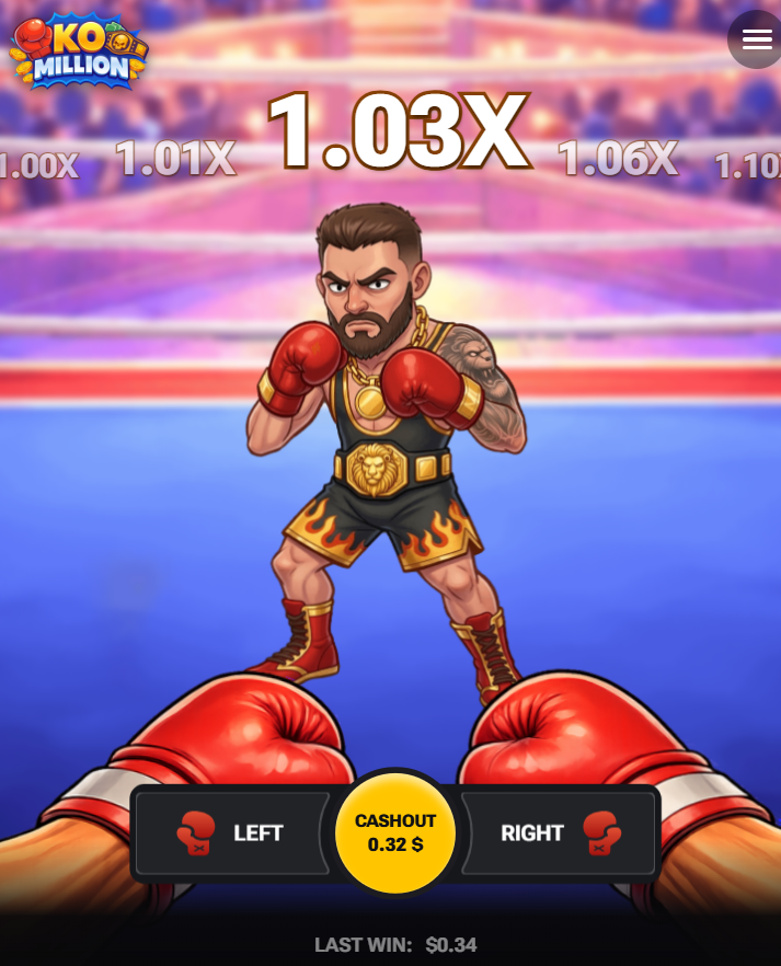 لعبة KO Million على الهاتف مع أزرار Left و Right و Cashout
