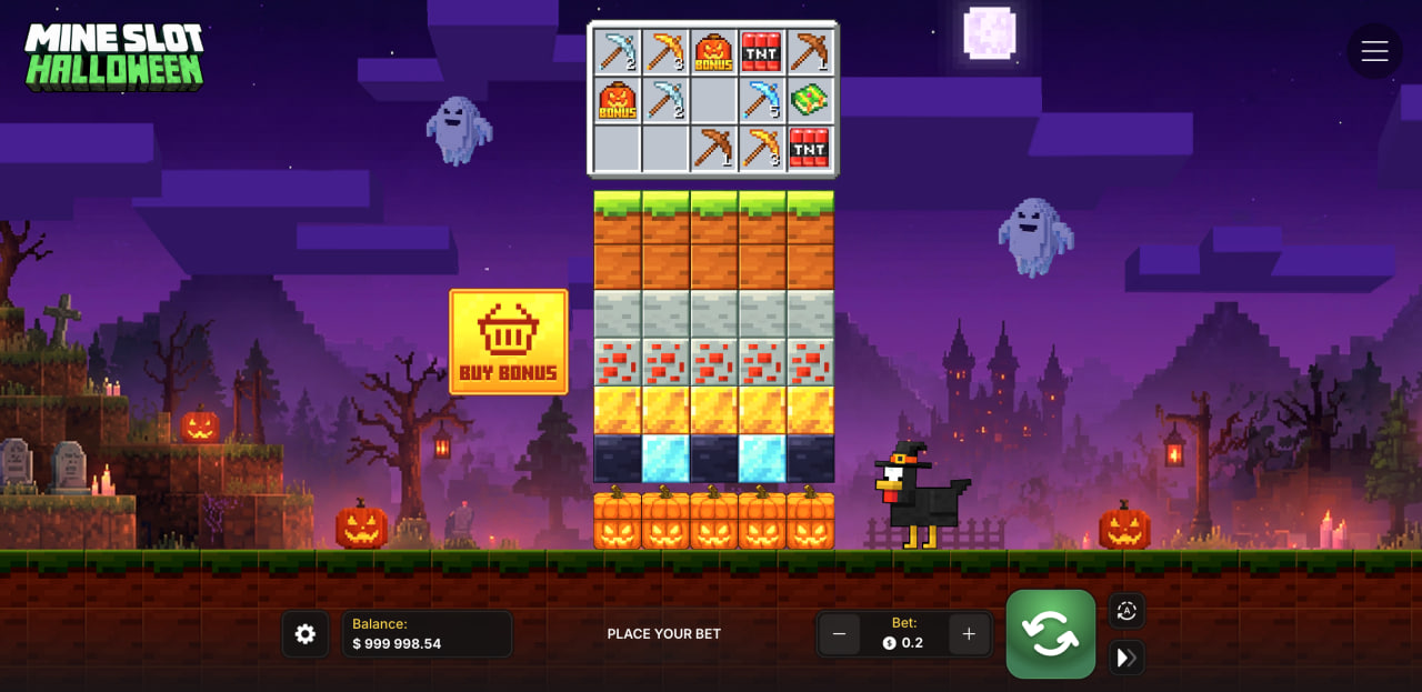 شاشة لعب Mine Slot Halloween مع أعمدة الكتل ولوحة الأدوات وزر Buy Bonus