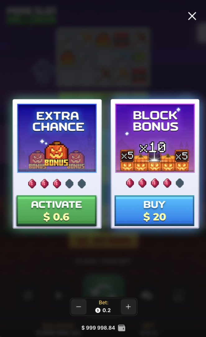 نافذة Extra Chance وBlock Bonus في Mine Slot Halloween على شاشة هاتف عمودية