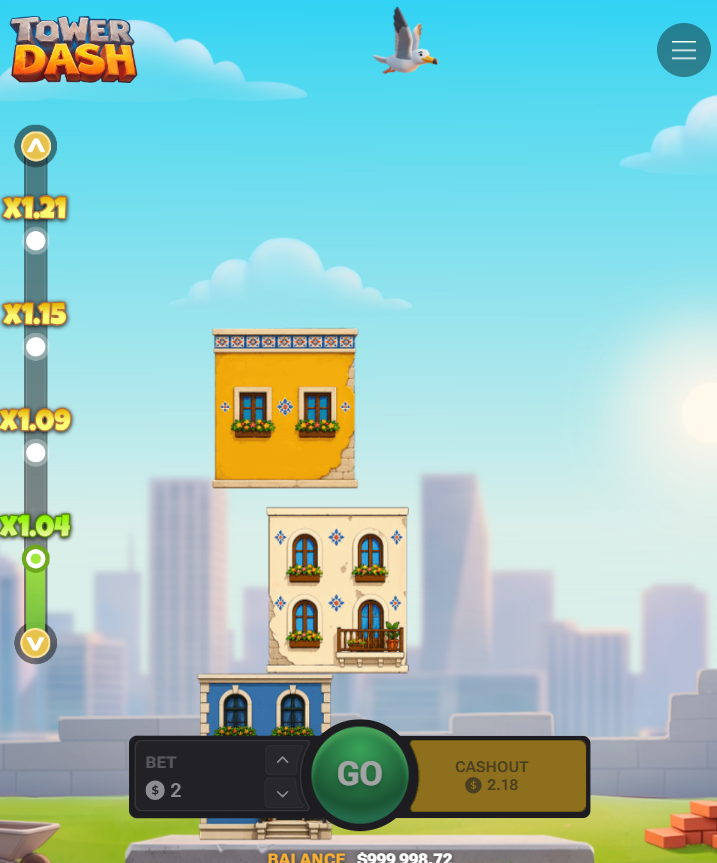 لعبة Tower Dash على الهاتف بالوضع العمودي مع زري Go و Cashout