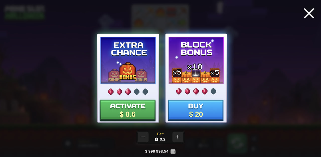نافذة Extra Chance وBlock Bonus في Mine Slot Halloween على الكمبيوتر
