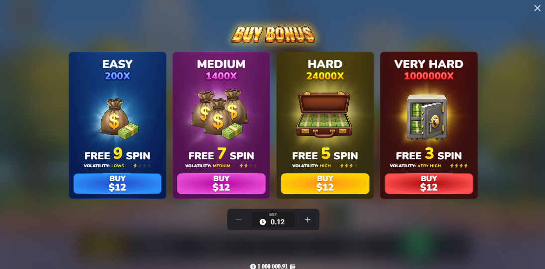 نافذة Bonus Buy في MegaBlock Empire مع أربعة خيارات للدورات المجانية