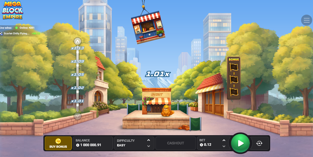 شاشة لعبة MegaBlock Empire مع الرافعة والمضاعف أعلى البرج