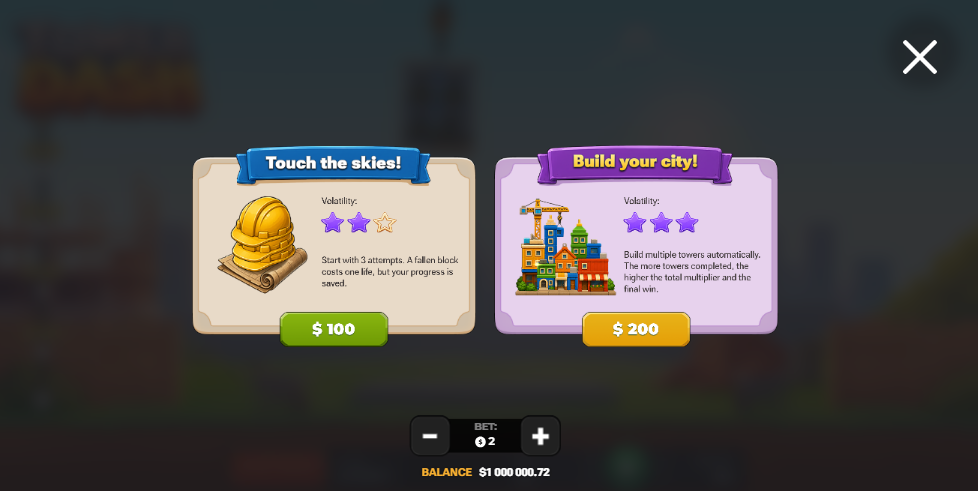 خيارات Bonus Buy في Tower Dash وهي Touch the skies و Build your city