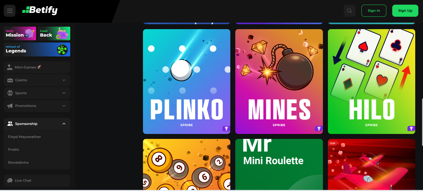 قسم الألعاب المصغرة في Betify ويظهر فيه Plinko و Mines و Hilo