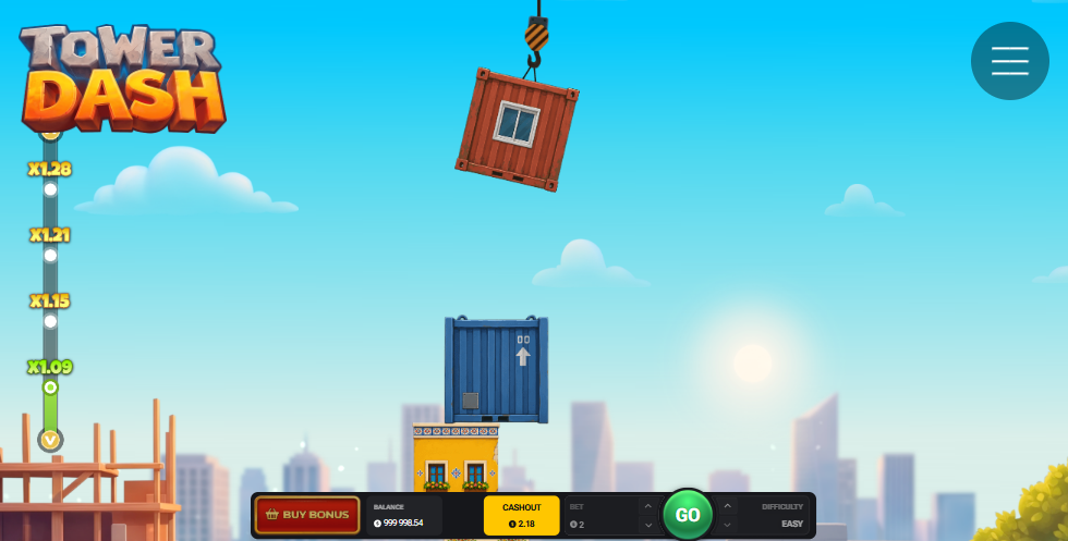 شاشة لعبة Tower Dash مع الرافعة والحاوية فوق المنصة