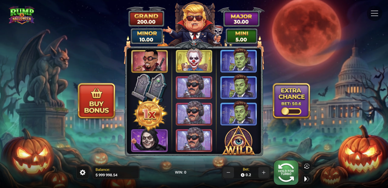 شاشة لعب Rump And Halloween مع الشبكة والجاكبوتات الأربعة وأزرار Buy Bonus وExtra Chance