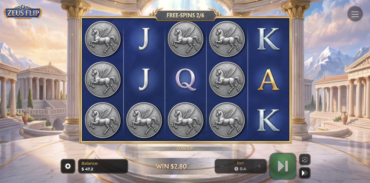 بكرات Zeus Flip أثناء اللفات المجانية مع عملات بيغاسوس الفضية وآلية Coin Flip