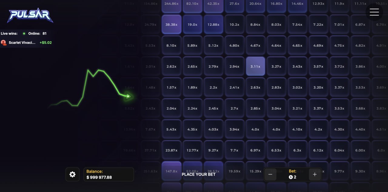 تقييم Pulsar، لعبة كازينو، نسخة تجريبية مجانية وأموال حقيقية: شبكة نيون ومعاملات